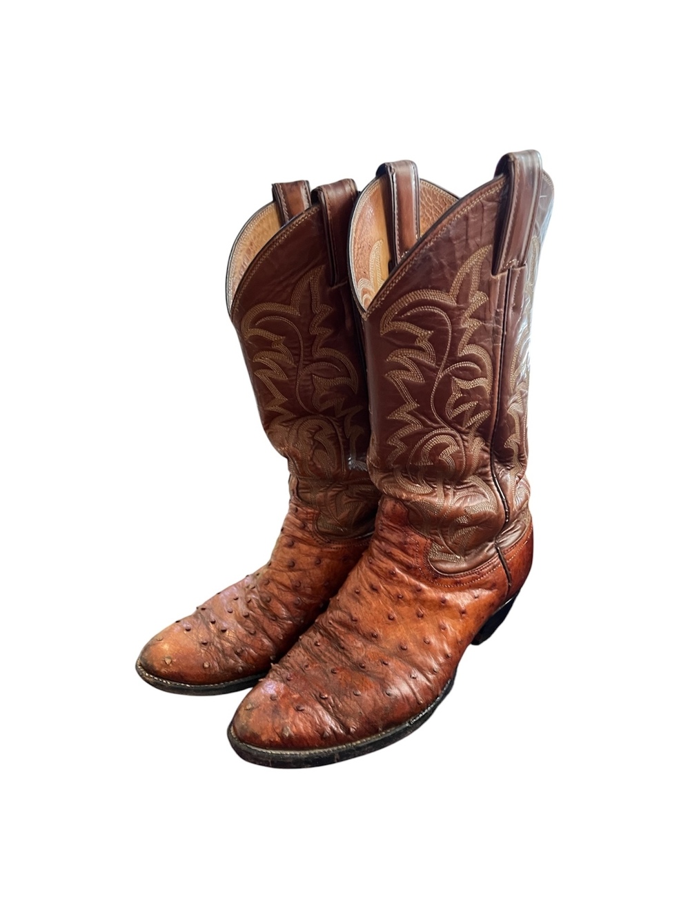 Justin Full Quill Ostrich Leather Boots Cognac Embroidered Western Cowboy Sz 8 D